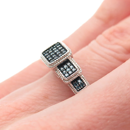 925 Sterling Silver Real Round-Cut Fancy Blue Diamond Ring Size 5.25