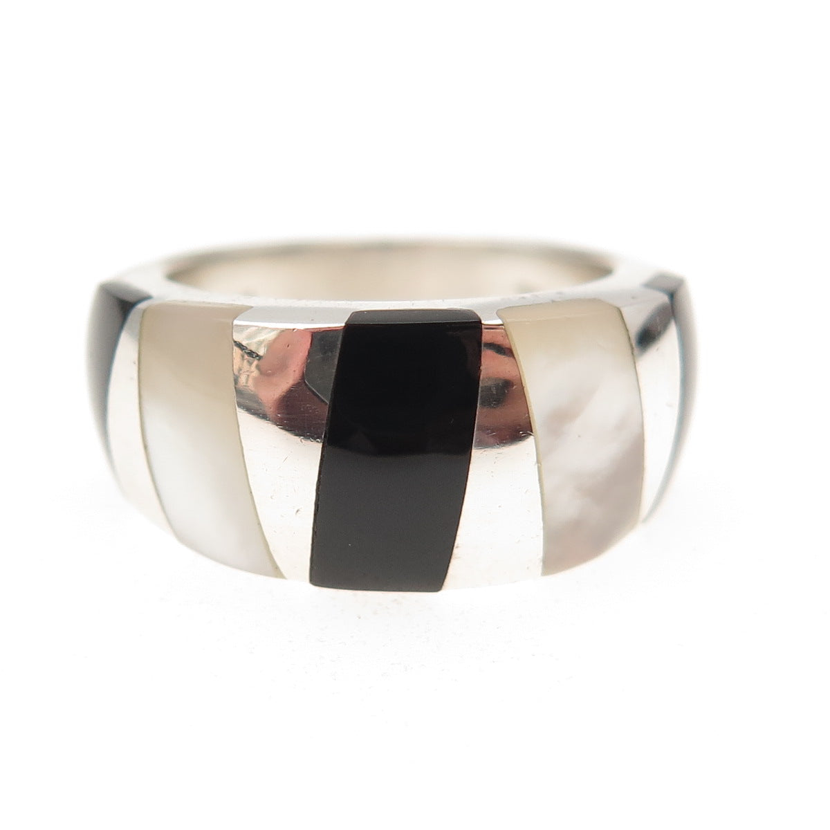 CNA Pranda 925 Sterling Silver Vintage Real Black Onyx & MOP Mosaic Ring Size 6
