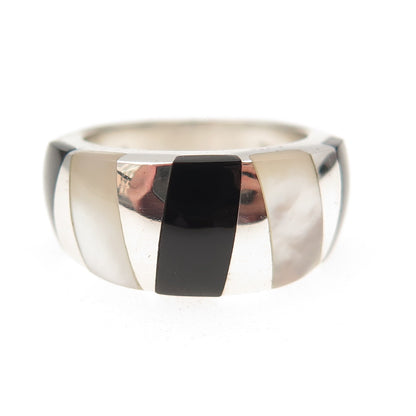 CNA Pranda 925 Sterling Silver Vintage Real Black Onyx & MOP Mosaic Ring Size 6