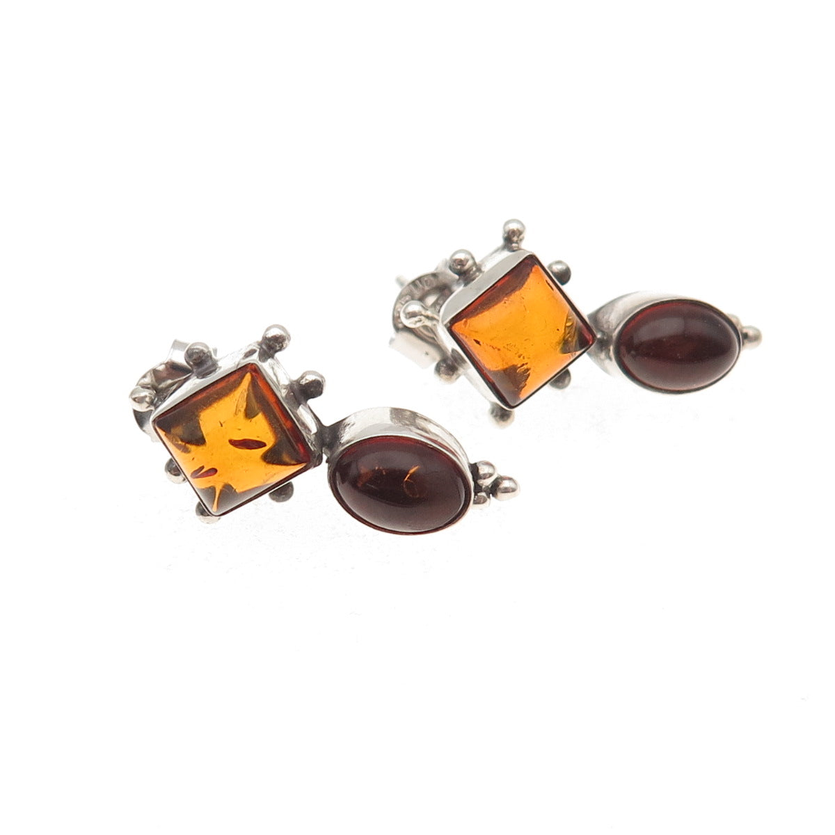 925 Sterling Silver Vintage Real Amber Oxidized Earrings