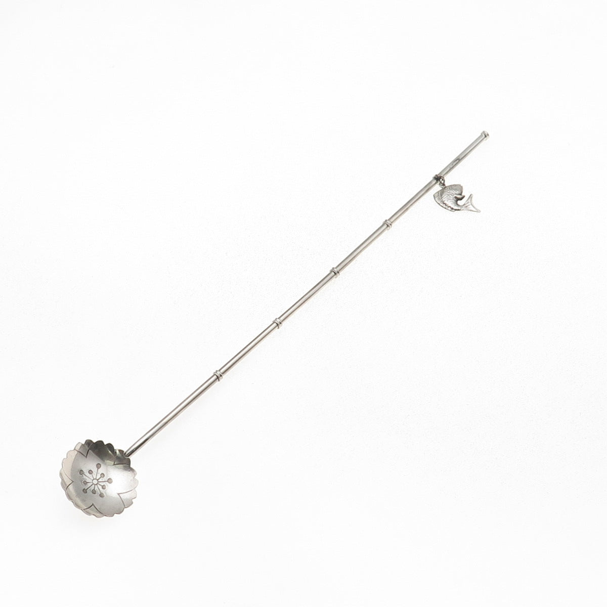 925 Sterling Silver Antique Japan Koi Fish Charm Bamboo Iced Tea Straw Spoon