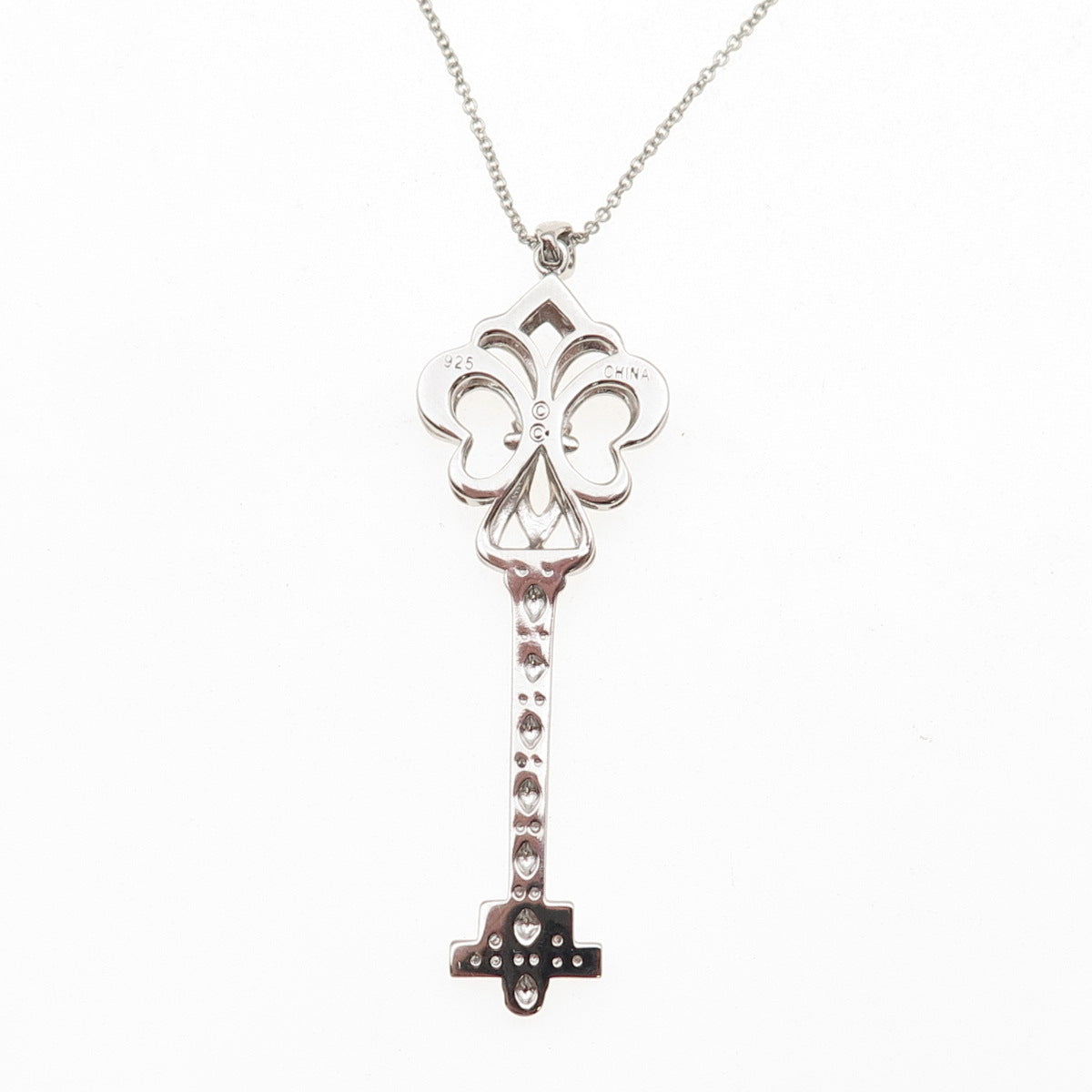 925 Sterling Silver Real Diamond Fleur de Lis Key Cable Chain Necklace 18"