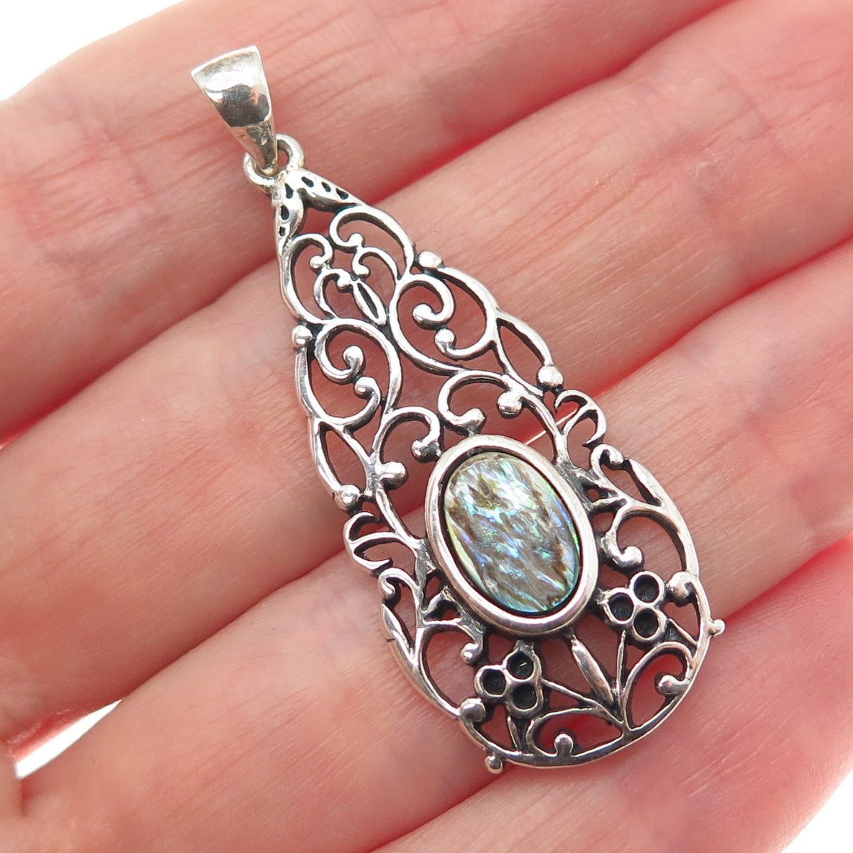 NEVADA 925 Sterling Silver Vintage Real Abalone Shell Ornate Teardrop Pendant