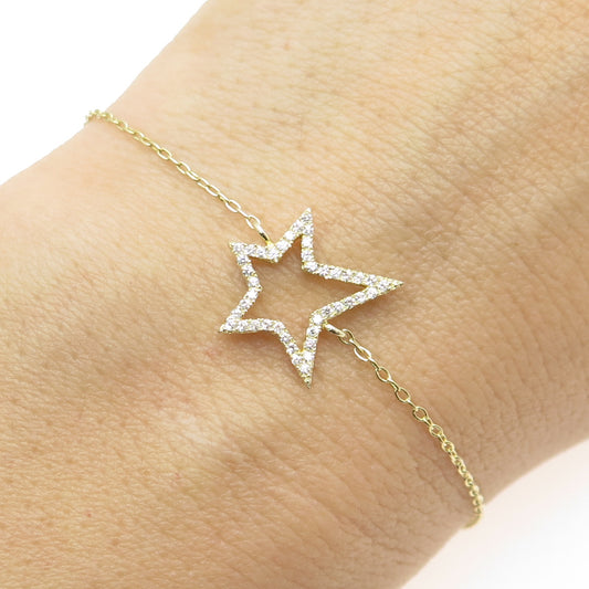 925 Sterling Silver Gold Plated Pave C Z Open Star Cable Link Bracelet 8.25"