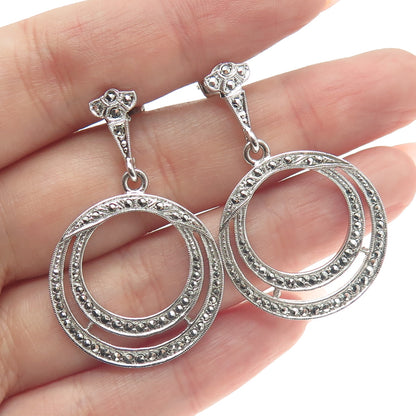 925 Sterling Silver Antique Art Deco Real Marcasite Circle Drop Dangle Earrings