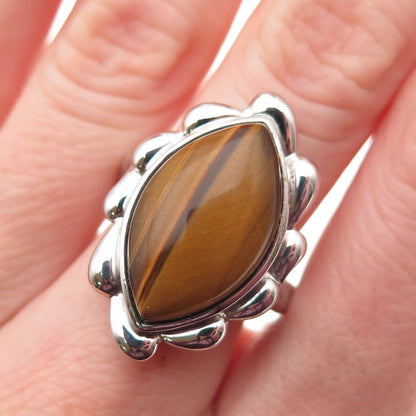 925 Sterling Silver Vintage Real Tiger Eye Modernist Ring Size 7
