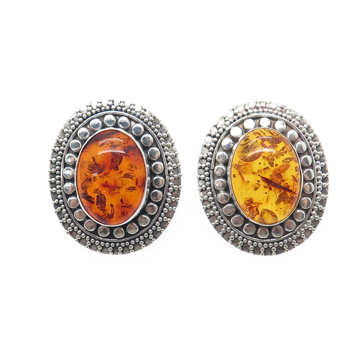 925 Sterling Silver Vintage Real Amber Modernist Granulated Earrings