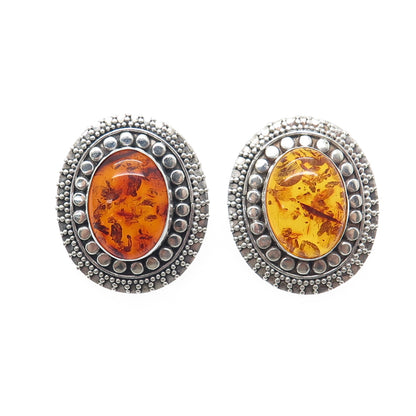 925 Sterling Silver Vintage Real Amber Modernist Granulated Earrings