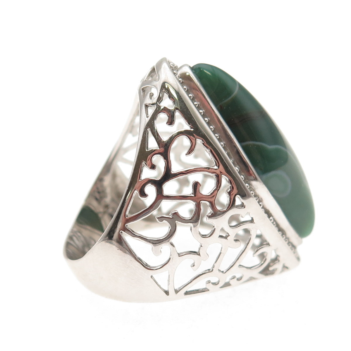 Ken Crafts 925 Sterling Silver Real Green Agate Floral Scroll Ring Size 9.75