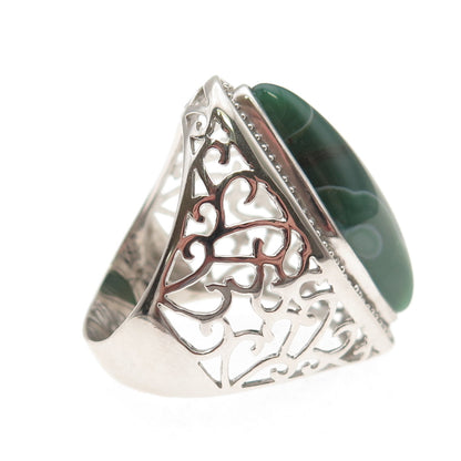 Ken Crafts 925 Sterling Silver Real Green Agate Floral Scroll Ring Size 9.75