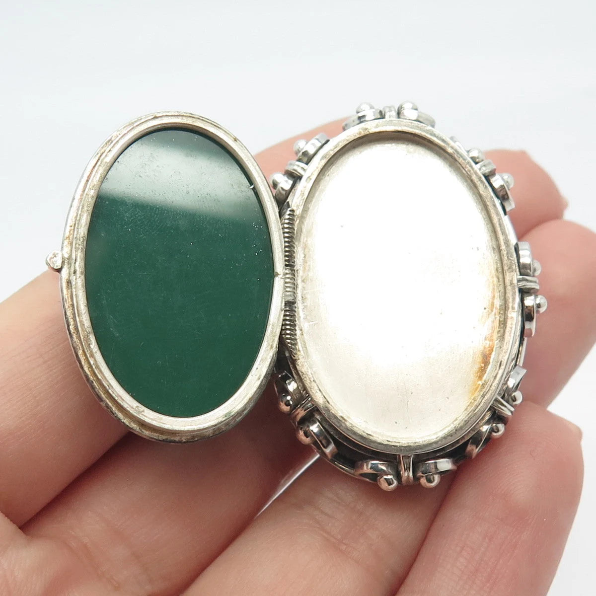 925 Sterling Silver Antique Mexico Real Green Onyx Gem Oval Locket Pin Brooch