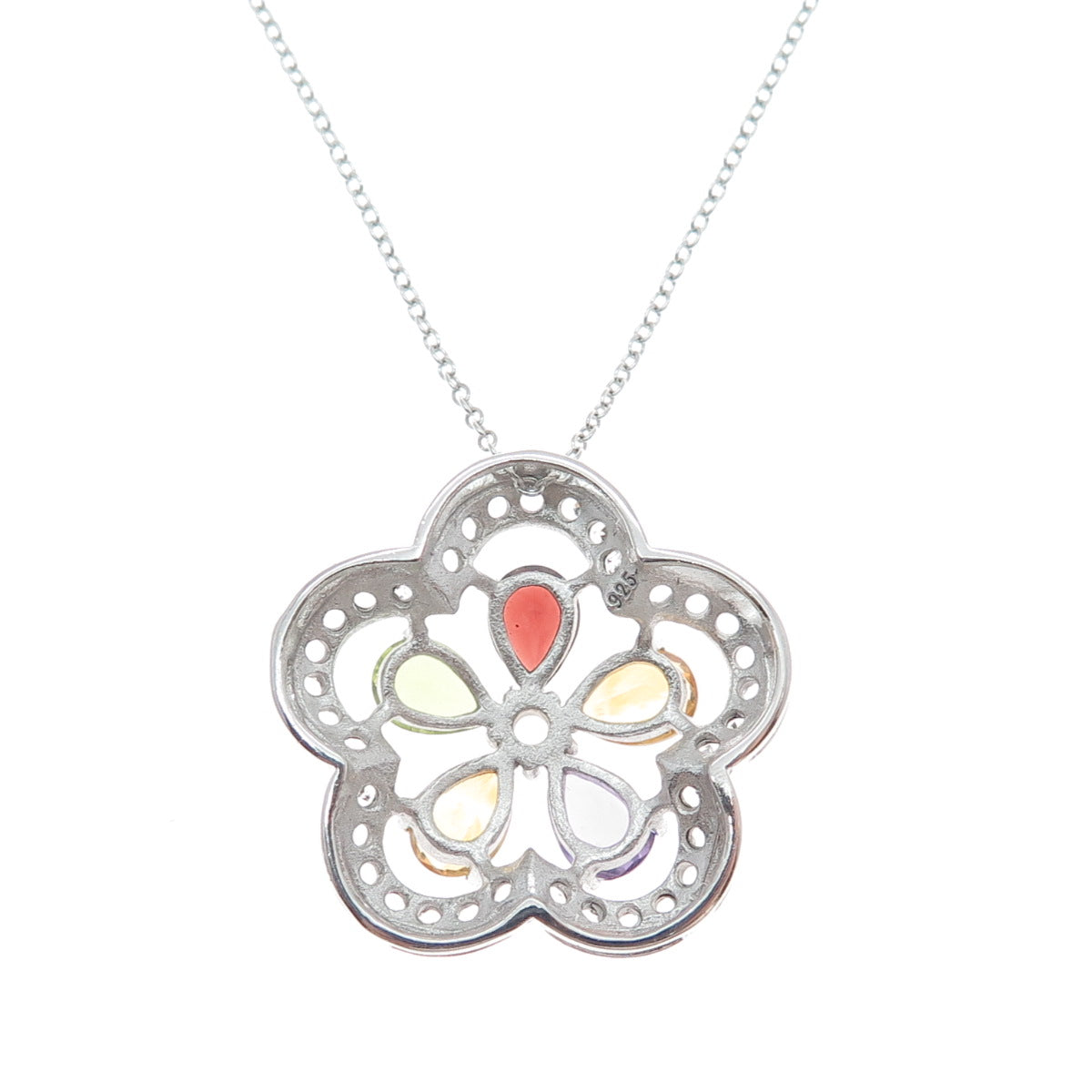 925 Sterling Silver Topaz Garnet Amethyst Citrine Peridot Flower Necklace 16-18"