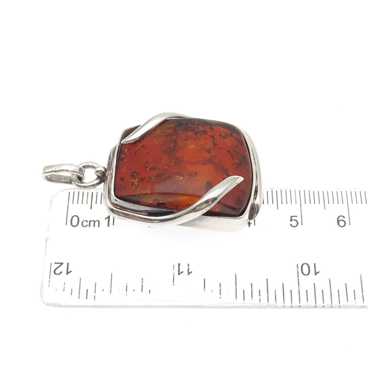 925 Sterling Silver Vintage Real Amber Modernist Oxidized Pendant