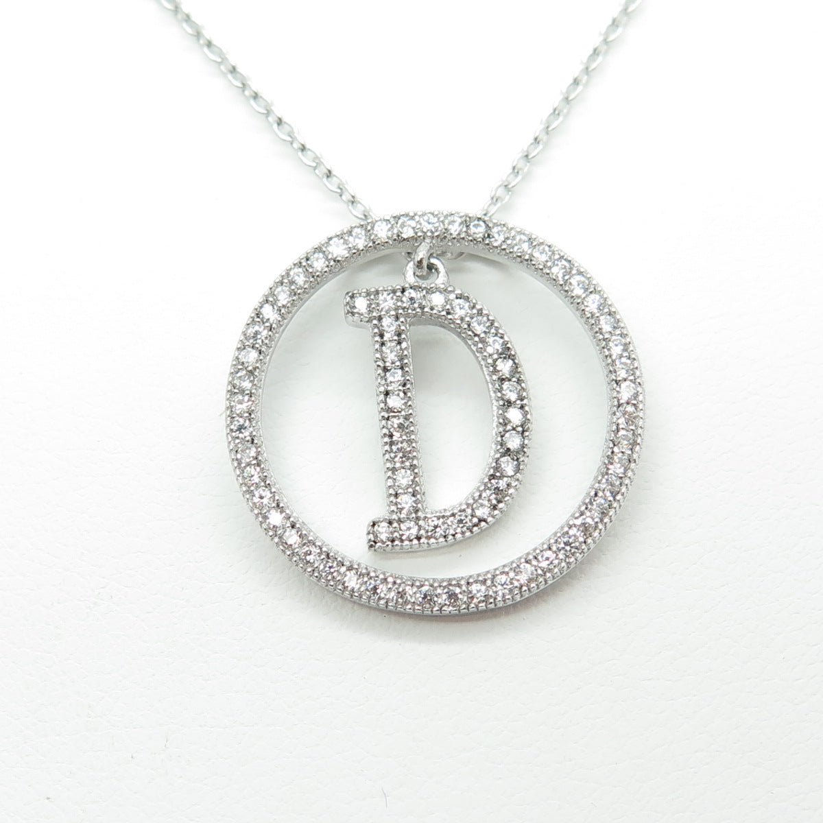 925 Sterling Silver Round-Cut C Z Letter "D" Initial Cable Chain Necklace 16-18"