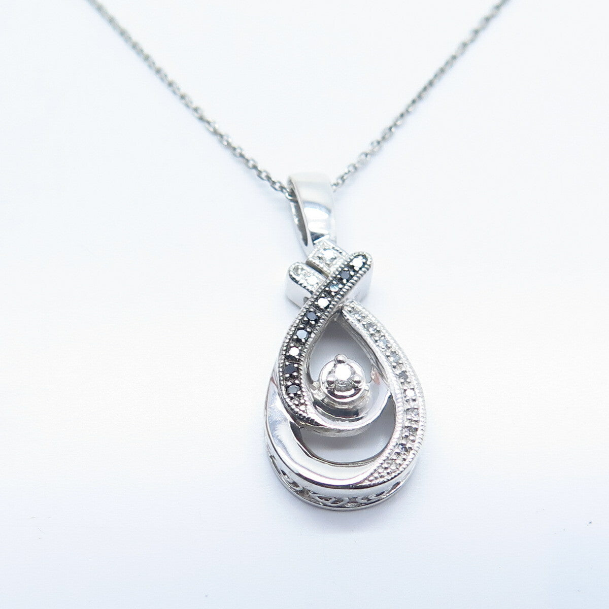 925 Sterling Silver Italy Real White & Black Diamond Rolo Chain Necklace 17"