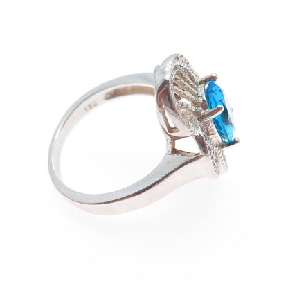 925 Sterling Silver Blue & White C Z Flower Ring Size 7.5