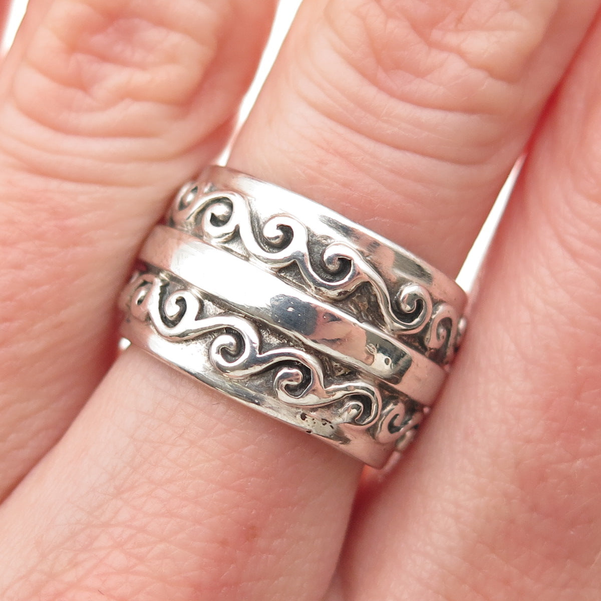 KEN CRAFTS 925 Sterling Silver Vintage Swirl Oxidized Wide Band Ring Size 6.75