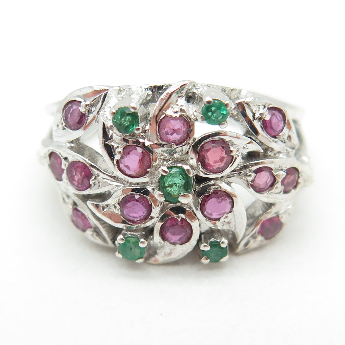 925 Sterling Silver Vintage Real Round-Cut Ruby & Emerald Flower Ring Size 5.75