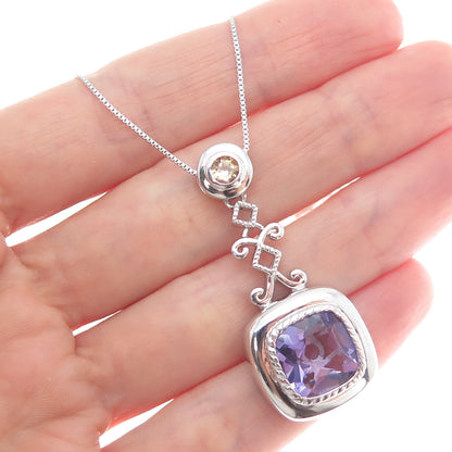 925 Sterling Silver Real Amethyst & Citrine Box Chain Necklace 18"