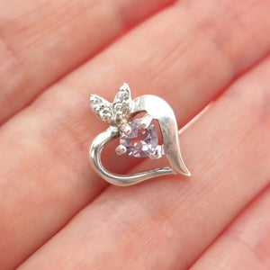 925 Sterling Silver Vintage Real Amethyst & C Z Heart Minimalist Slide Pendant