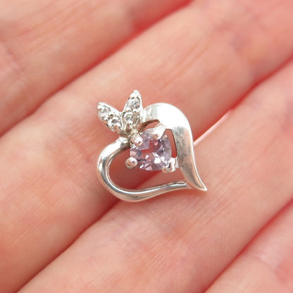 925 Sterling Silver Vintage Real Amethyst & C Z Heart Minimalist Slide Pendant