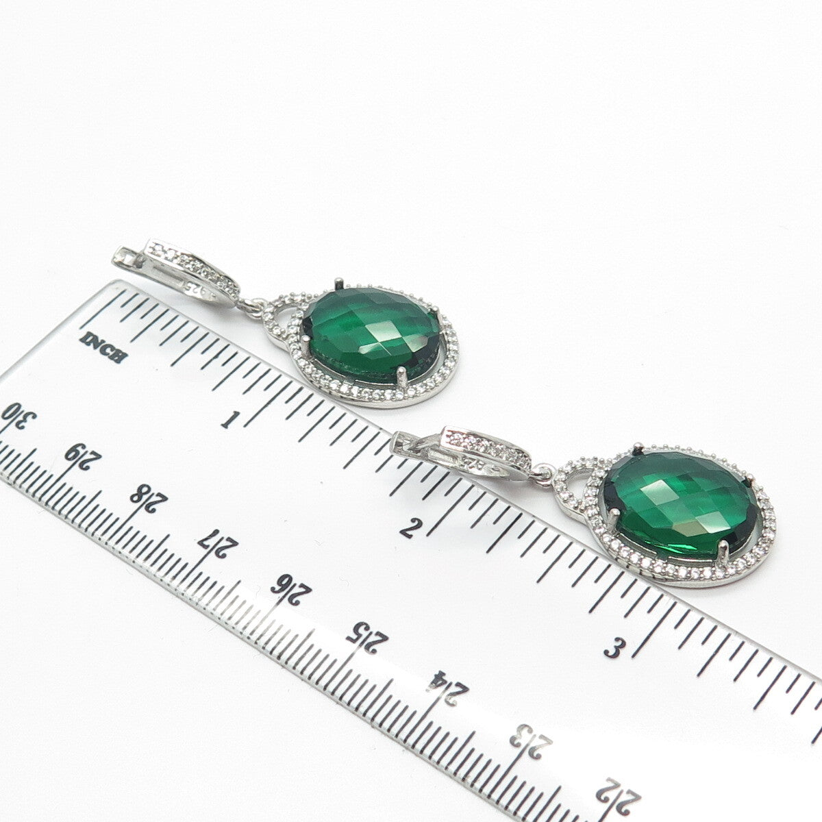 925 Sterling Silver White & Green C Z Dangling Earrings
