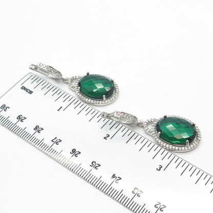 925 Sterling Silver White & Green C Z Dangling Earrings