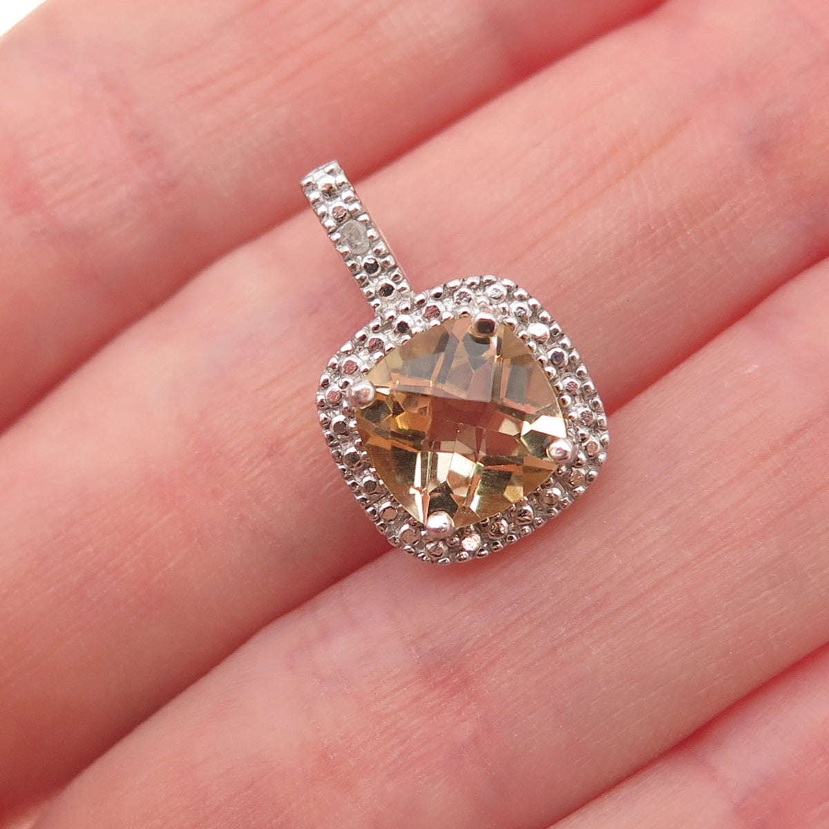 925 Sterling Silver Real Round-Cut Diamond & Cushion-Cut Citrine Charm Pendant