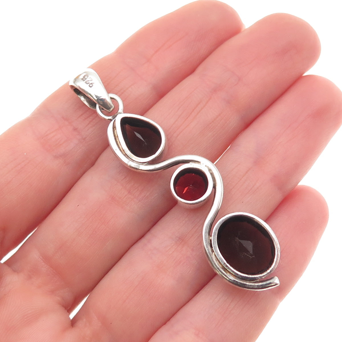 925 Sterling Silver Vintage Real Smoky Quartz & Red Garnet Wavy Charm Pendant