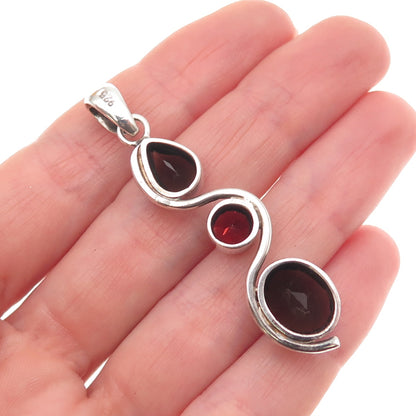 925 Sterling Silver Vintage Real Smoky Quartz & Red Garnet Wavy Charm Pendant