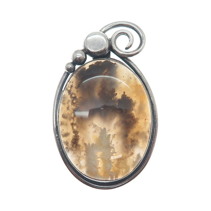 925 Sterling Silver Vintage Real Agate Gemstone Landscape Slide Pendant