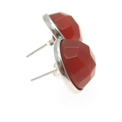 925 Sterling Silver Vintage Real Carnelian Modernist Round Earrings