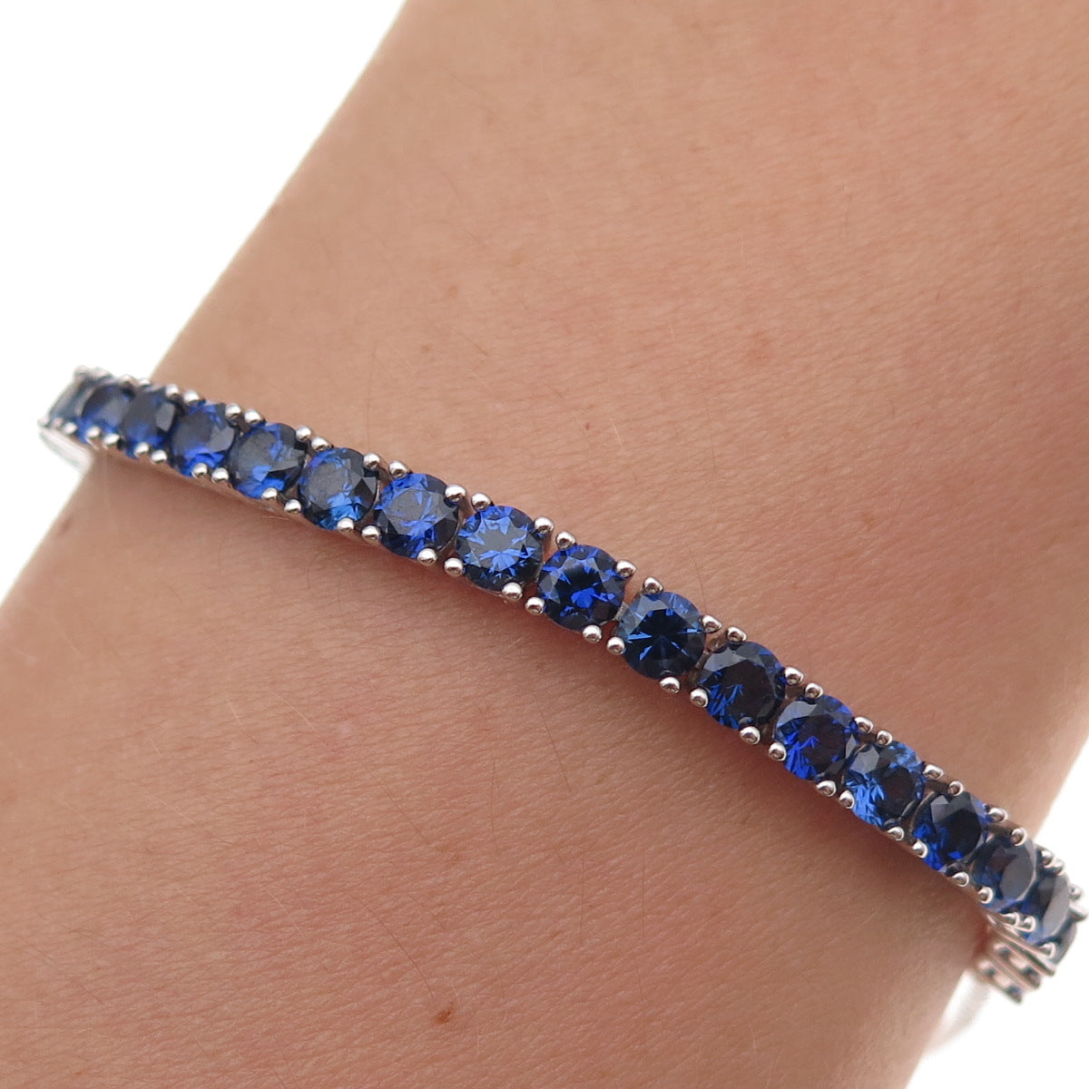 925 Sterling Lab-Created Sapphire Round Box Link Adjustable Bracelet 7-9.75"