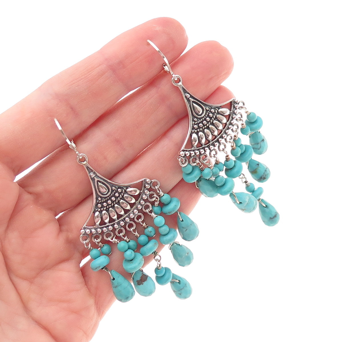 SX Sally C 925 Sterling Silver Vintage Real Turquoise Chandelier Dangle Earrings