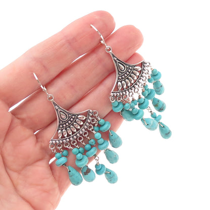 SX Sally C 925 Sterling Silver Vintage Real Turquoise Chandelier Dangle Earrings