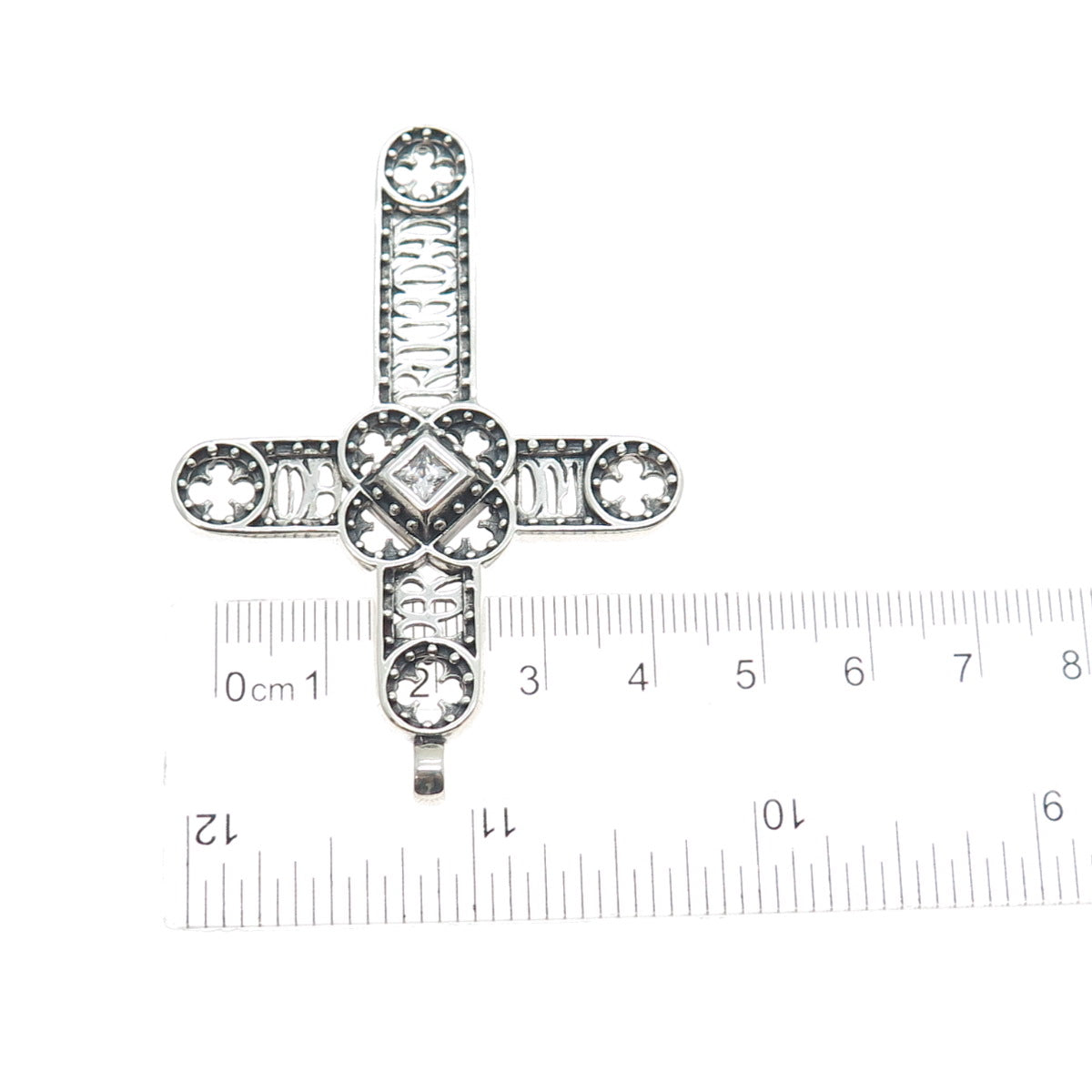 925 Sterling Silver Vintage Princess-Cut C Z Cross Oxidized Slide Pendant