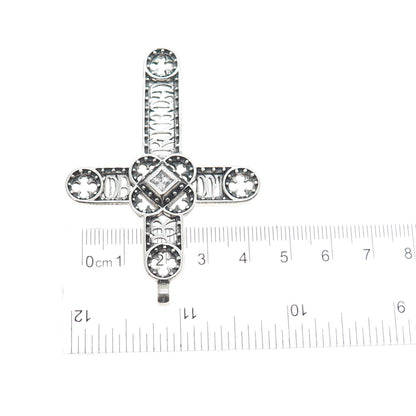 925 Sterling Silver Vintage Princess-Cut C Z Cross Oxidized Slide Pendant