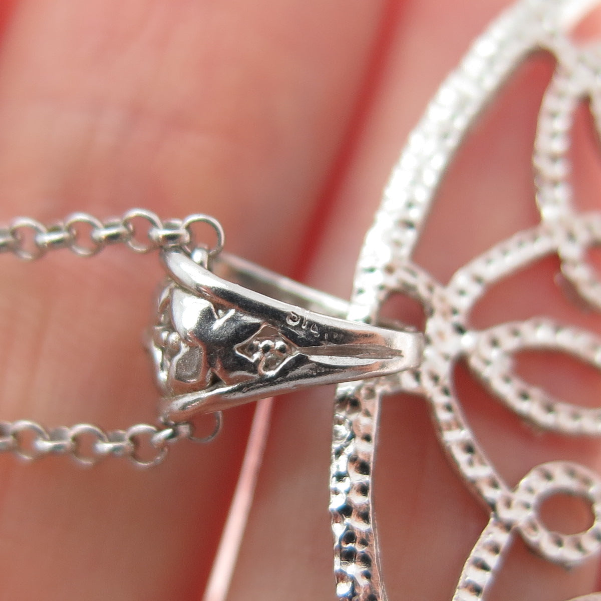 925 Sterling Silver Vintage Diamond-Cut Flower Pendant Rolo Chain Necklace 16"