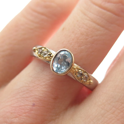 925 Sterling Silver 2-Tone Real Diamond & Blue Topaz Ring Size 8