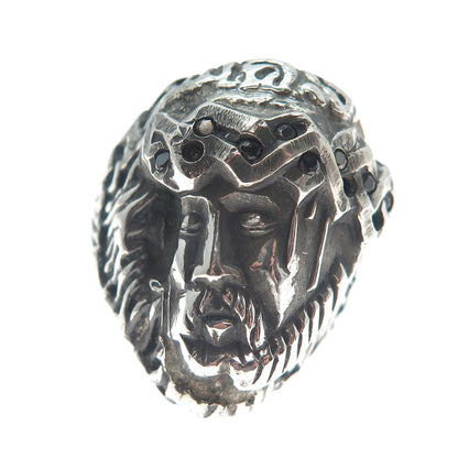 925 Sterling Vintage Real Black Diamond Jesus Ring Size 12.75 (missing 3 stone)