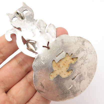 925 Sterling Silver Vintage Real Fossil Cat / Kitten & Turtle Pendant