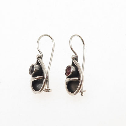 925 Sterling Silver Vintage Real Red Garnet Teardrop Oxidized Dangle Earrings