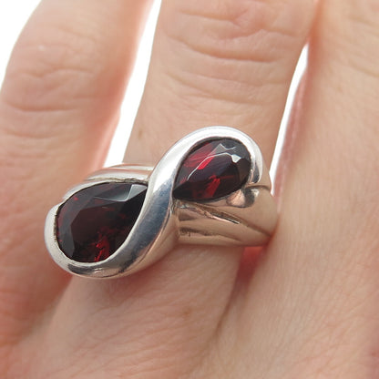 KABANA 925 Sterling Silver Vintage Red Garnet Gem Infinity Ribbed Ring Size 6.5