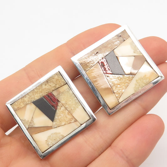 925 Sterling Silver Vintage Real Jasper Coral & Black Onyx Gem Square Earrings
