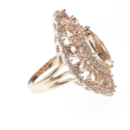 DSMK 925 Sterling Silver Gold Plated Morganite Gem C Z Statement Ring Size 7.25