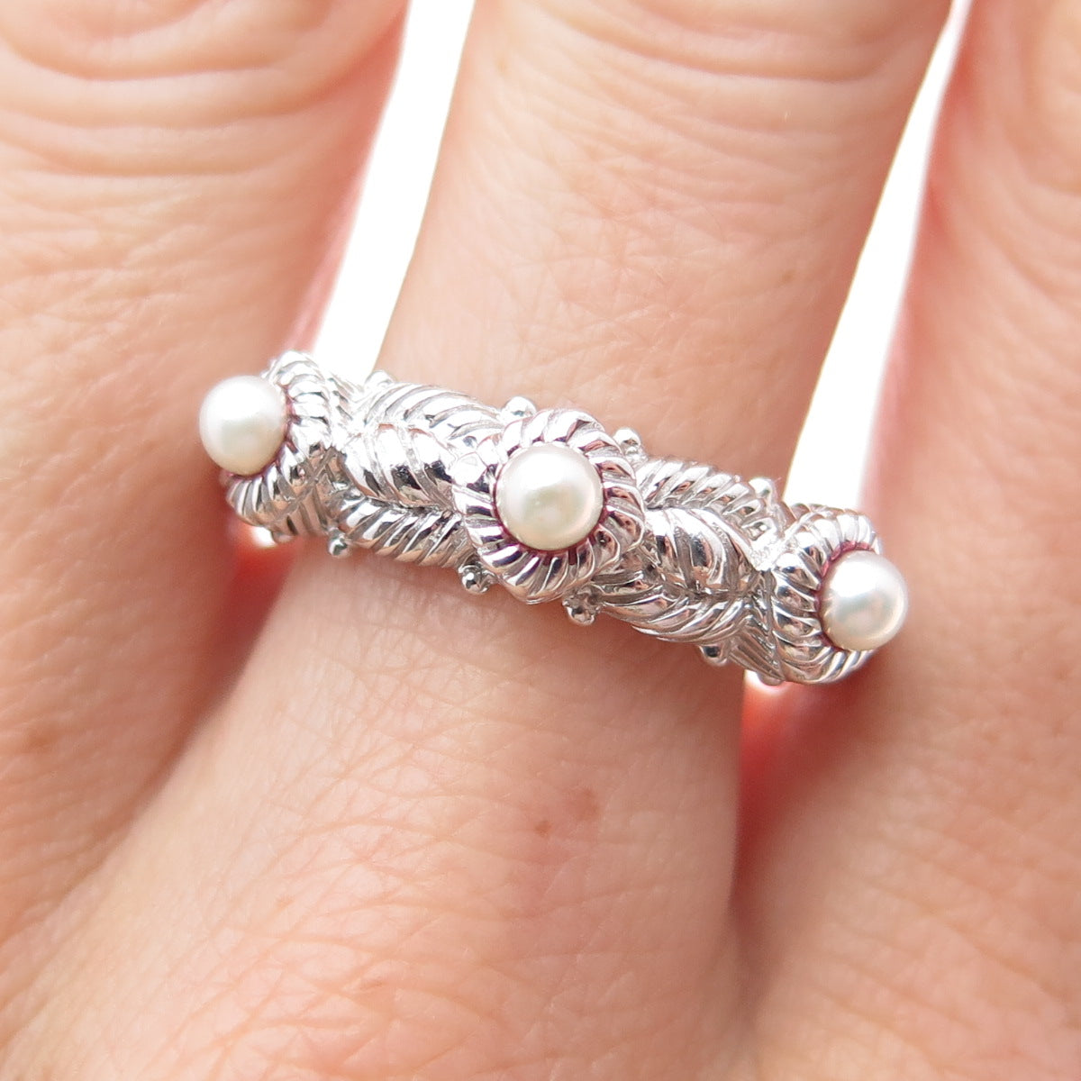 JUDITH RIPKA 925 Sterling Silver Real Pearl 3-Station Ring Size 10