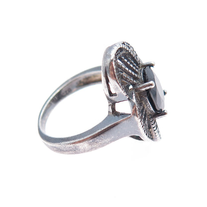925 Sterling Silver Vintage Real Black Spinel & C Z Flower Oxidized Ring Size 6