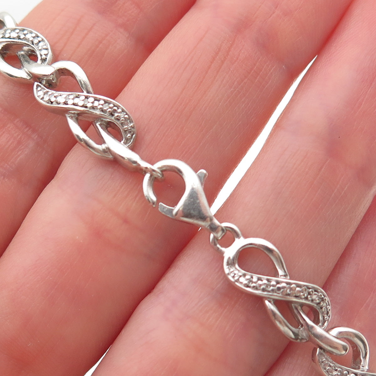925 Sterling Silver Real Round-Cut Diamond Infinity Link Bracelet 7.25"