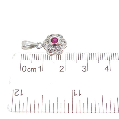 925 Sterling Silver Real Round-Cut Ruby & C Z Flower Minimalist Slide Pendant