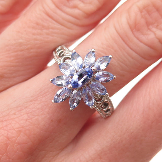 D'Joy 925 Sterling Silver Real Marquise-Cut Tanzanite Floral Ring Size 8.25
